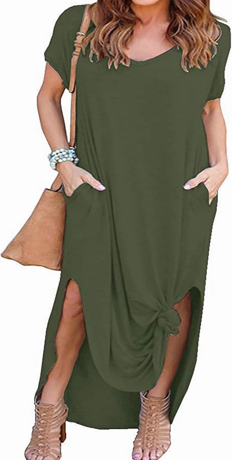Kancystore Women's Plus Size Dresses Casual Loose Pocket Short Sleeve Slits Plus Size Long Maxi Dress XL-5X