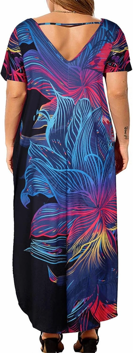 Kancystore Women's Plus Size Dresses Casual Loose Pocket Short Sleeve Slits Plus Size Long Maxi Dress XL-5X