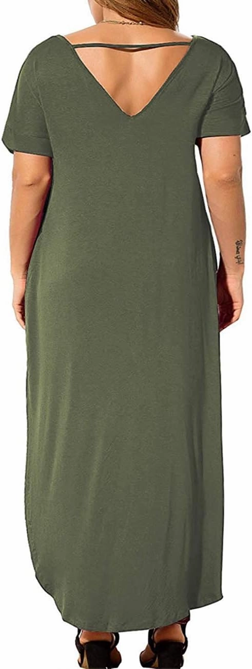 Kancystore Women's Plus Size Dresses Casual Loose Pocket Short Sleeve Slits Plus Size Long Maxi Dress XL-5X
