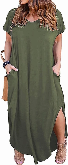 Kancystore Women's Plus Size Dresses Casual Loose Pocket Short Sleeve Slits Plus Size Long Maxi Dress XL-5X
