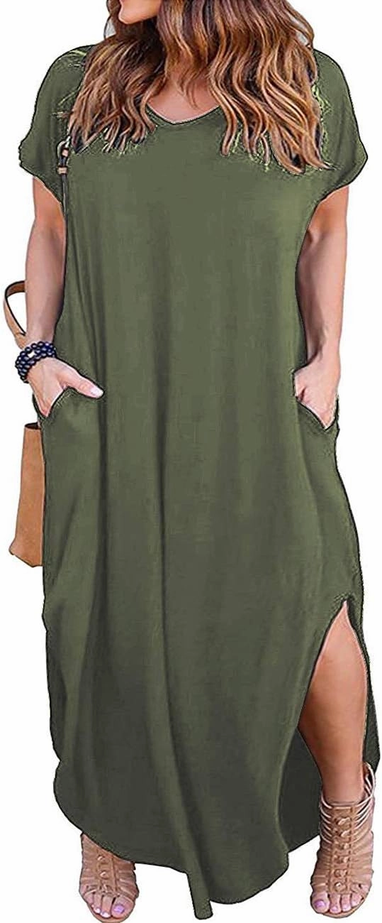Kancystore Women's Plus Size Dresses Casual Loose Pocket Short Sleeve Slits Plus Size Long Maxi Dress XL-5X