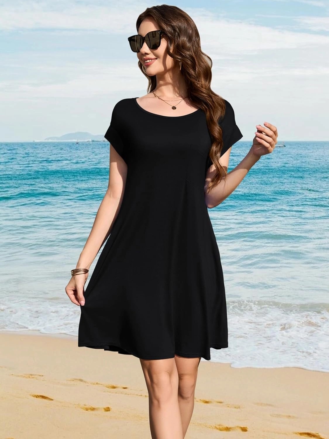 LARACE Plus Size Women Swimsuit Cover Up Cap Sleeve Summer Beach Coverups Loose Shirt Dress Swimwear Sundress with Pockets