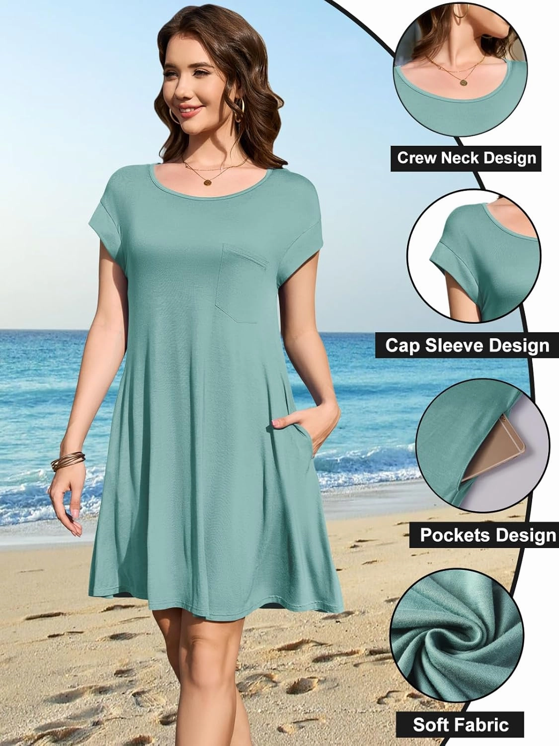 LARACE Plus Size Women Swimsuit Cover Up Cap Sleeve Summer Beach Coverups Loose Shirt Dress Swimwear Sundress with Pockets