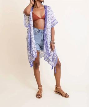Lightweight Boho Festival Ditsy Floral Paisley Kimono In Lilac Blue White