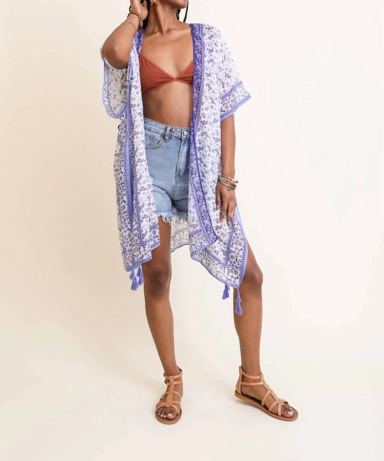 Lightweight Boho Festival Ditsy Floral Paisley Kimono In Lilac Blue White