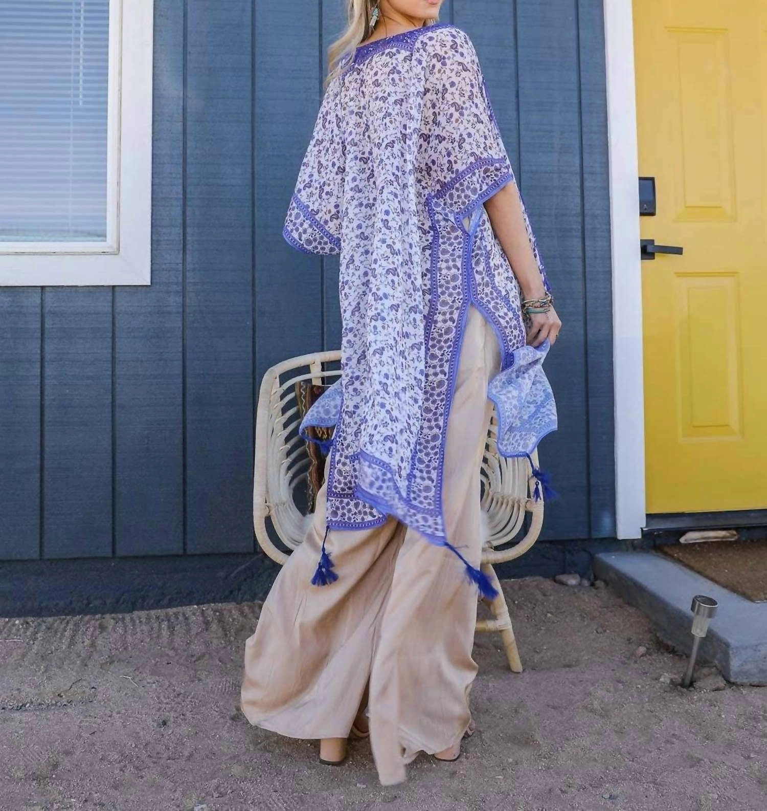 Lightweight Boho Festival Ditsy Floral Paisley Kimono In Lilac Blue White