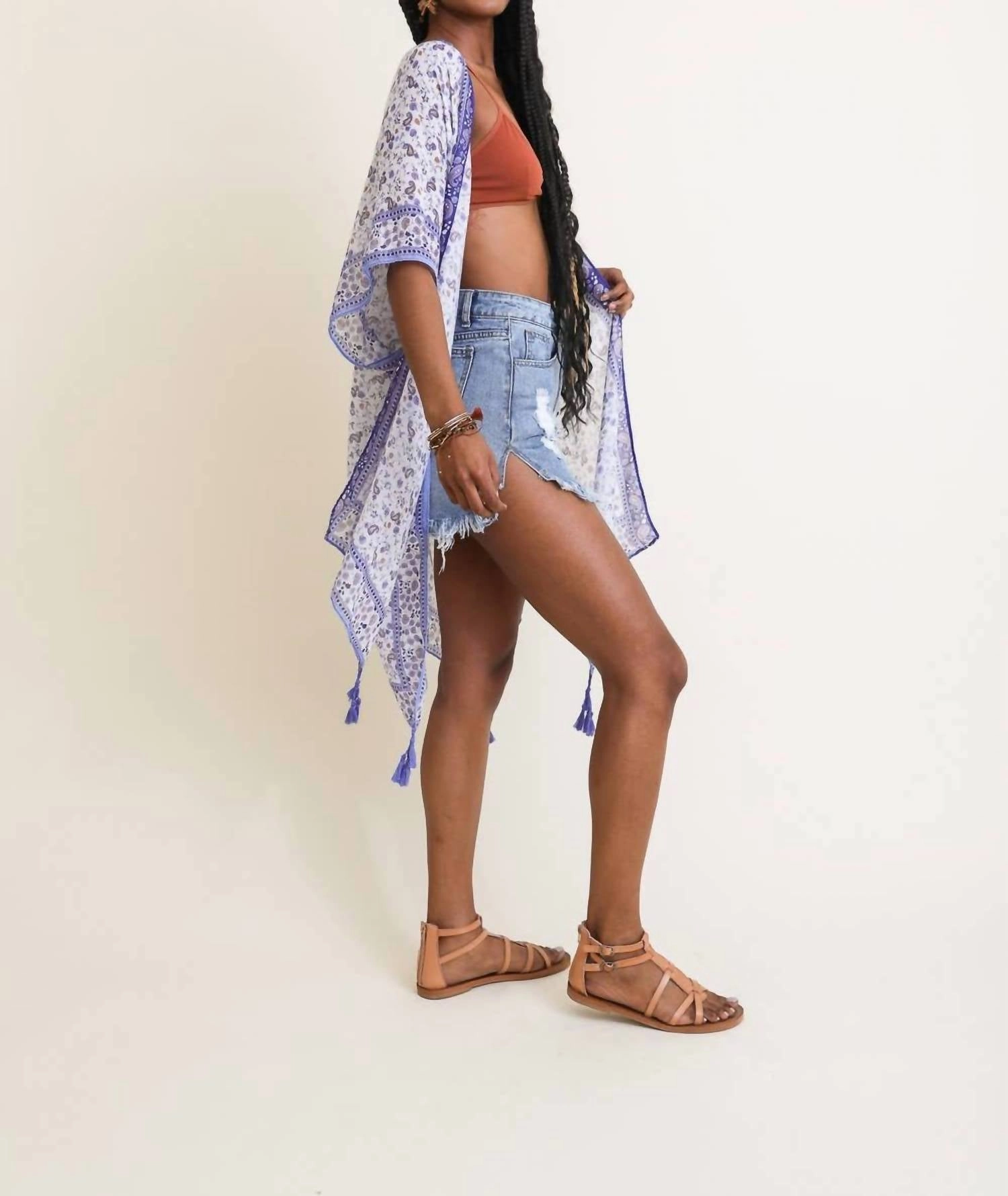 Lightweight Boho Festival Ditsy Floral Paisley Kimono In Lilac Blue White