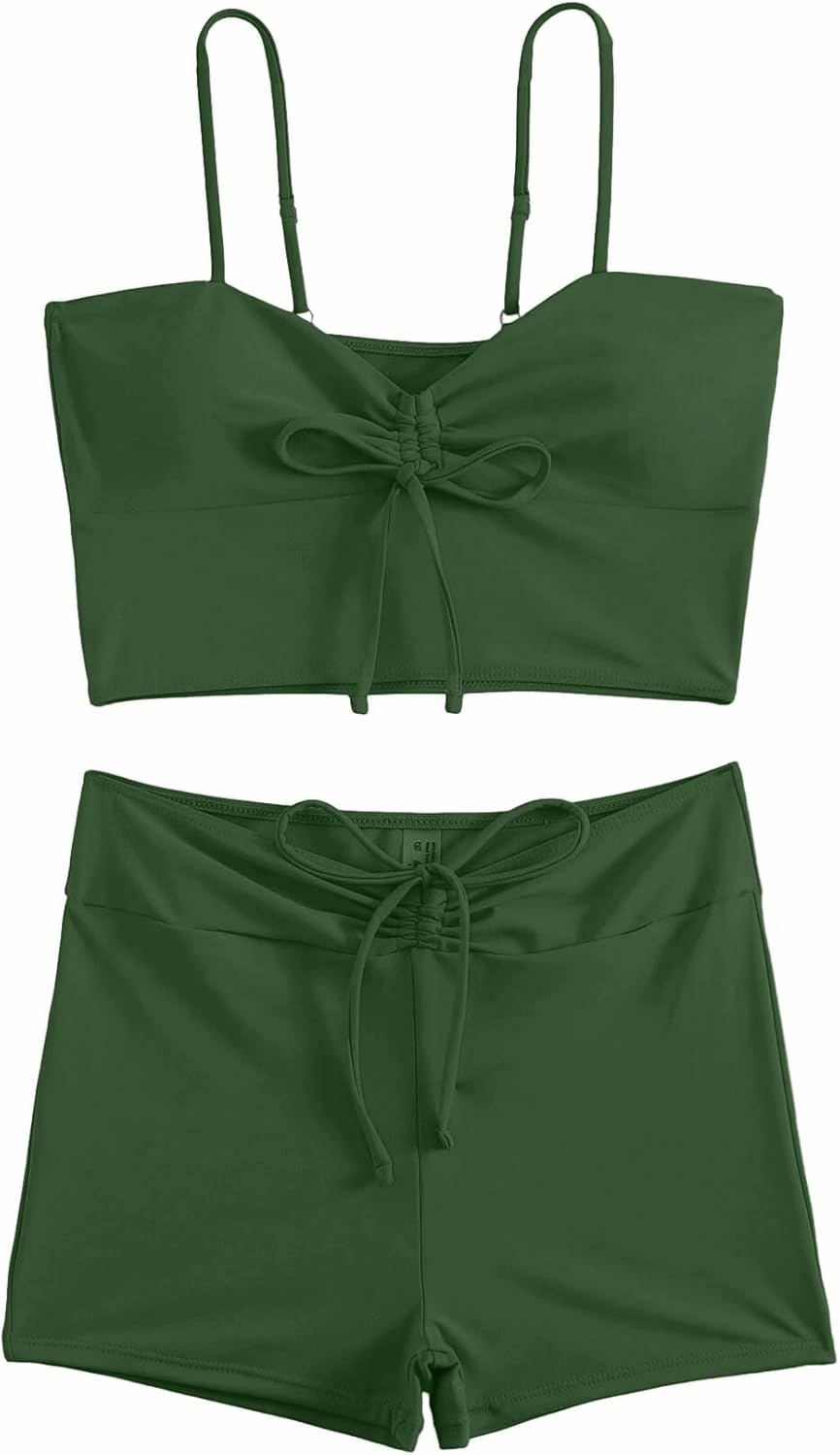 Lilosy Drawstring High Waisted Bikini Set Srting Swimsuit Spaghetti Strap Cami Top and Tie Side Shorts 2 Piece