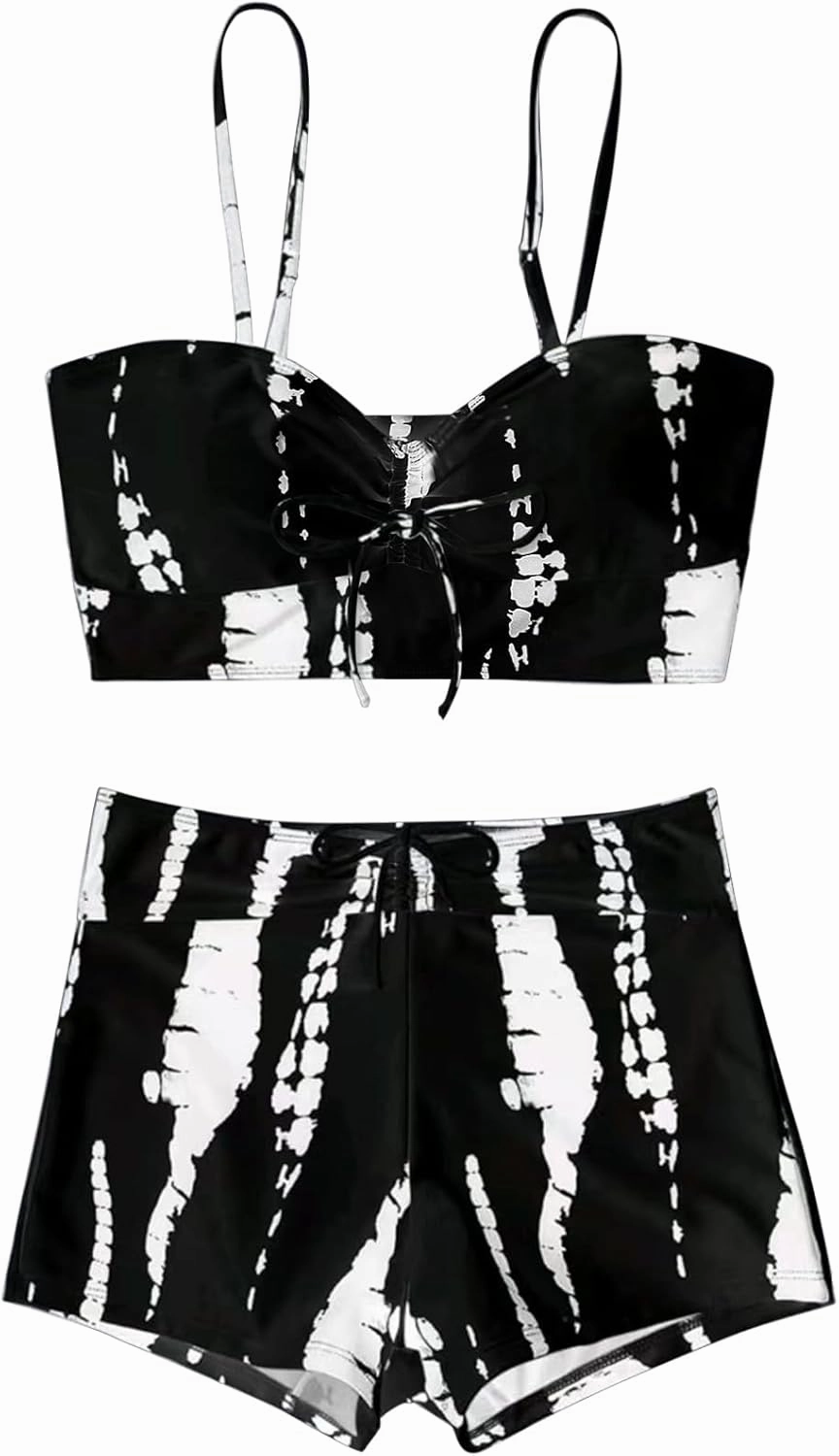 Lilosy Drawstring High Waisted Bikini Set Srting Swimsuit Spaghetti Strap Cami Top and Tie Side Shorts 2 Piece