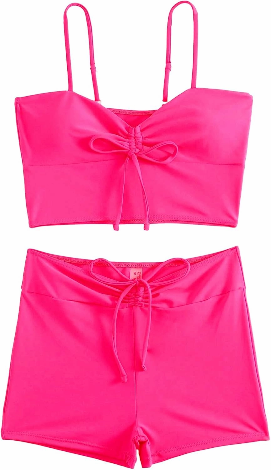 Lilosy Drawstring High Waisted Bikini Set Srting Swimsuit Spaghetti Strap Cami Top and Tie Side Shorts 2 Piece