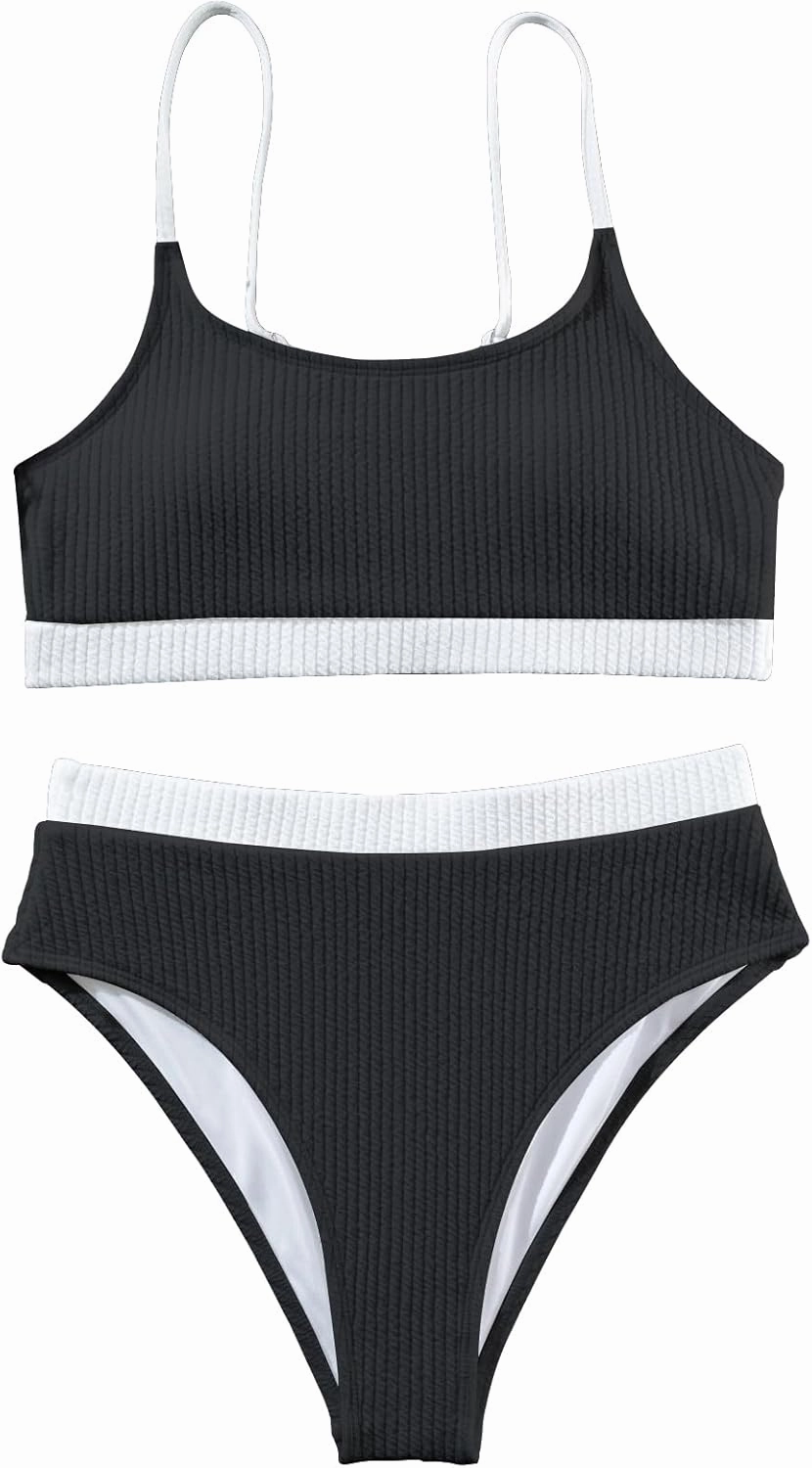 Lilosy High Waisted Tummy Control Ribbed Bikini Crop Top Brazilian Swimsuit Set 2 Piece