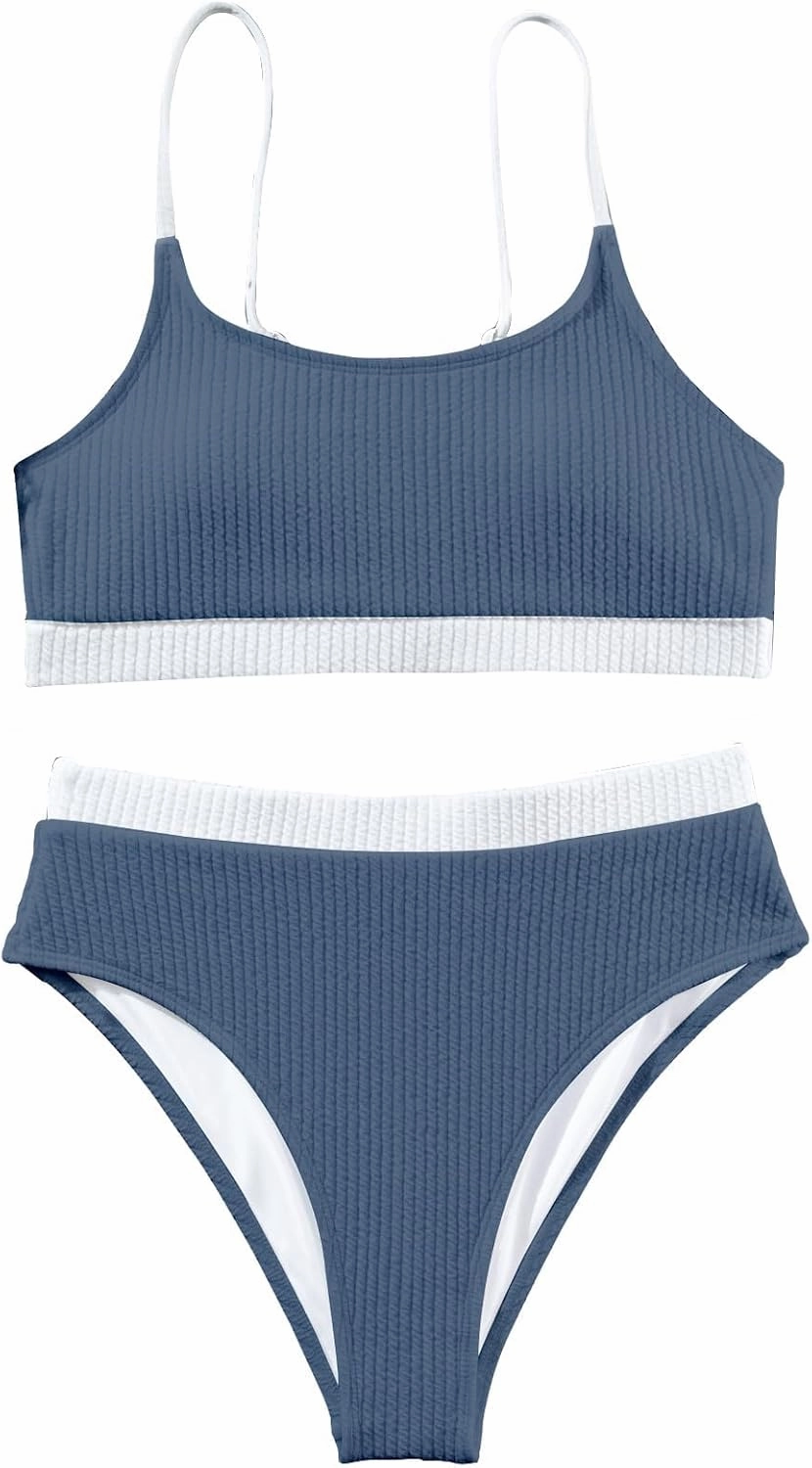 Lilosy High Waisted Tummy Control Ribbed Bikini Crop Top Brazilian Swimsuit Set 2 Piece