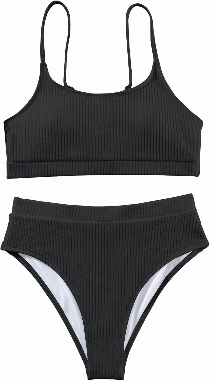 Lilosy High Waisted Tummy Control Ribbed Bikini Crop Top Brazilian Swimsuit Set 2 Piece