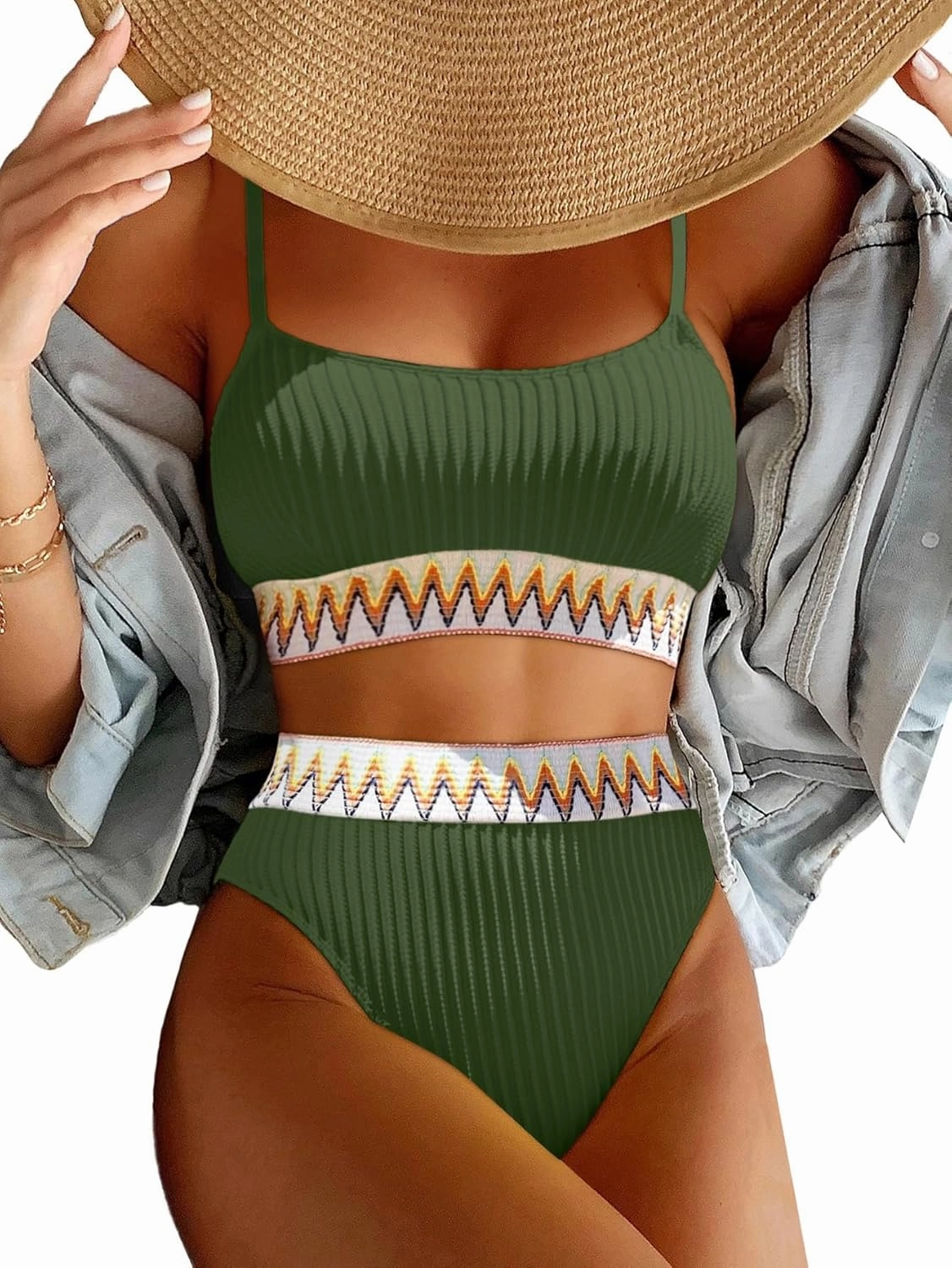 Lilosy High Waisted Tummy Control Ribbed Bikini Crop Top Brazilian Swimsuit Set 2 Piece