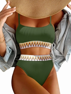 Lilosy High Waisted Tummy Control Ribbed Bikini Crop Top Brazilian Swimsuit Set 2 Piece