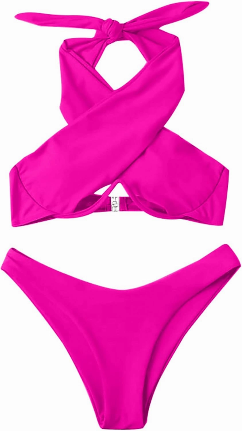 Lilosy Sexy Cute Underwire Cutout Halter Bikini Swimsuit Set Women Criss Cross Bathing Suit 2 Piece