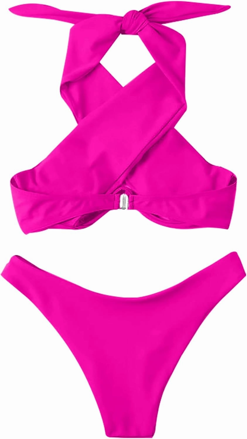 Lilosy Sexy Cute Underwire Cutout Halter Bikini Swimsuit Set Women Criss Cross Bathing Suit 2 Piece
