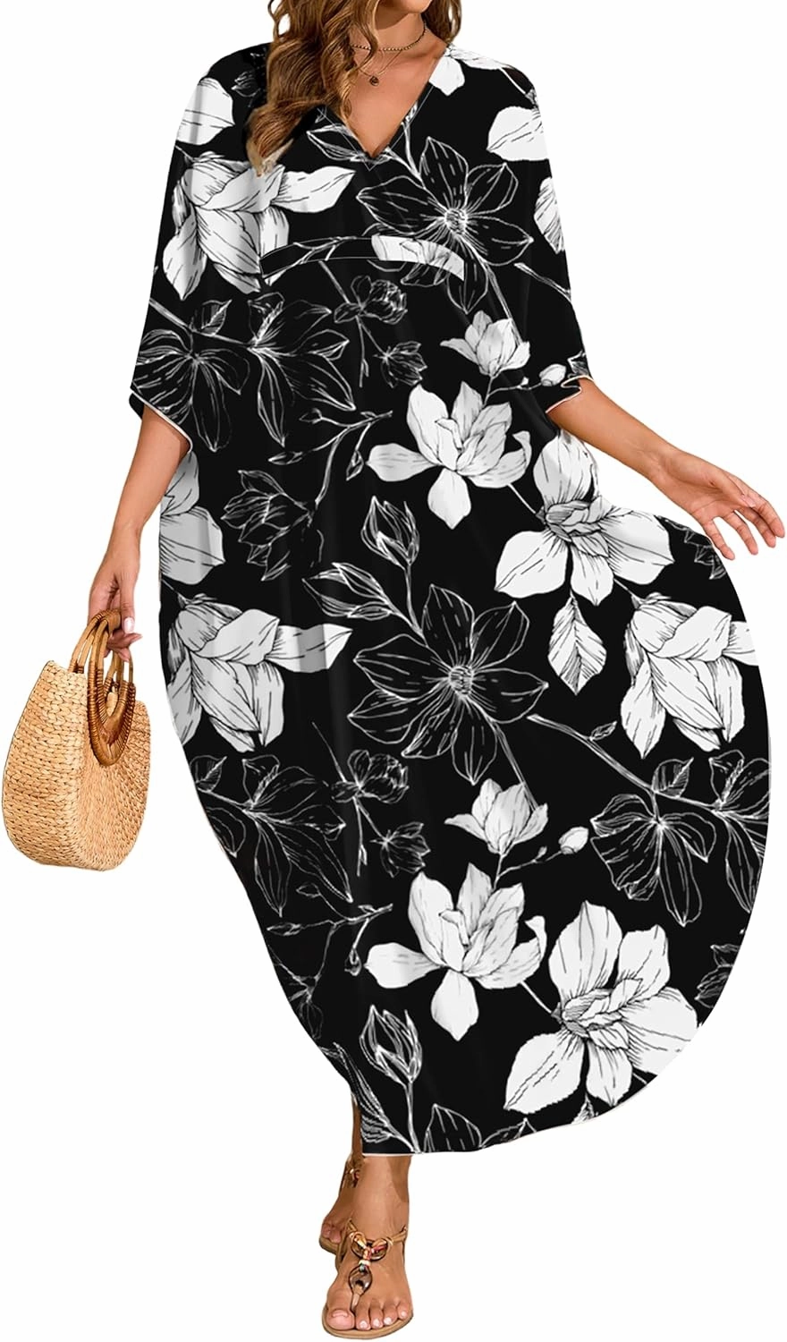 MAKABO Kaftan Dresses for Women, Summer Hawaii Swimsuit Cover Up, V Neck Caftan Beach Vacation Print Dress