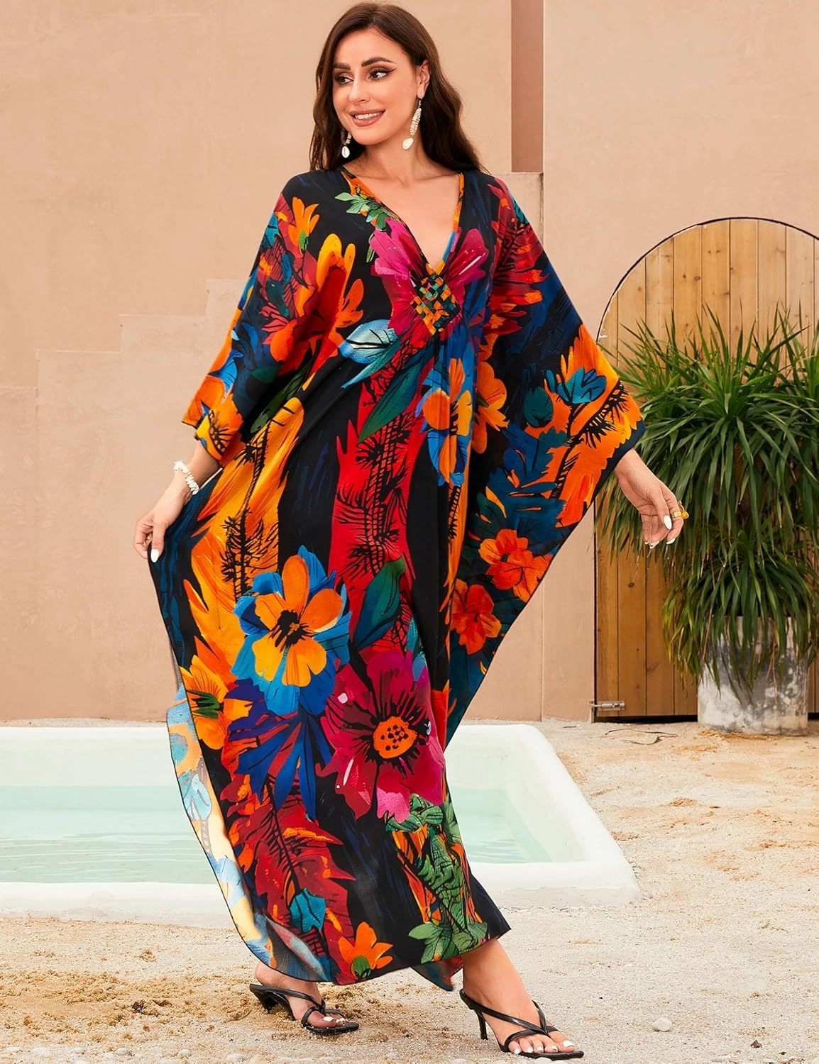 MAKABO Kaftan Dresses for Women, V Neck Moo Moos Colorful Print Cover Ups Caftan Beach Dresses for Swimwear