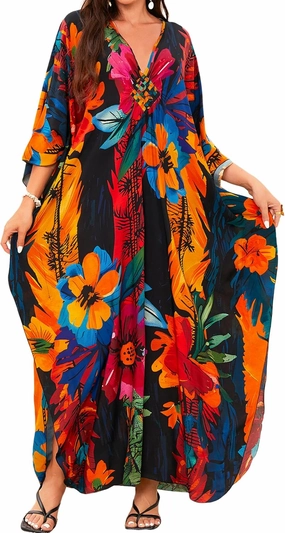 MAKABO Kaftan Dresses for Women, V Neck Moo Moos Colorful Print Cover Ups Caftan Beach Dresses for Swimwear