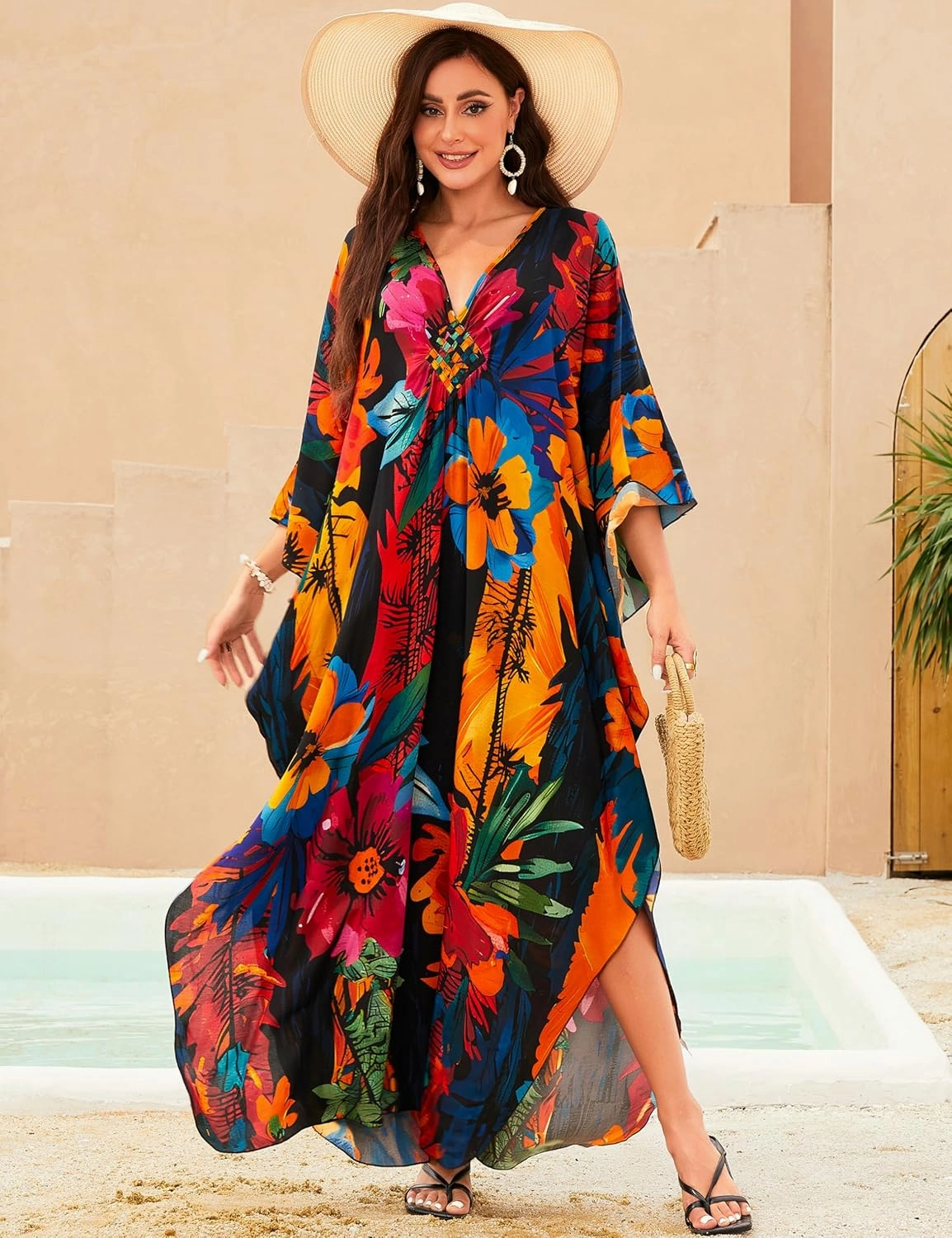 MAKABO Kaftan Dresses for Women, V Neck Moo Moos Colorful Print Cover Ups Caftan Beach Dresses for Swimwear