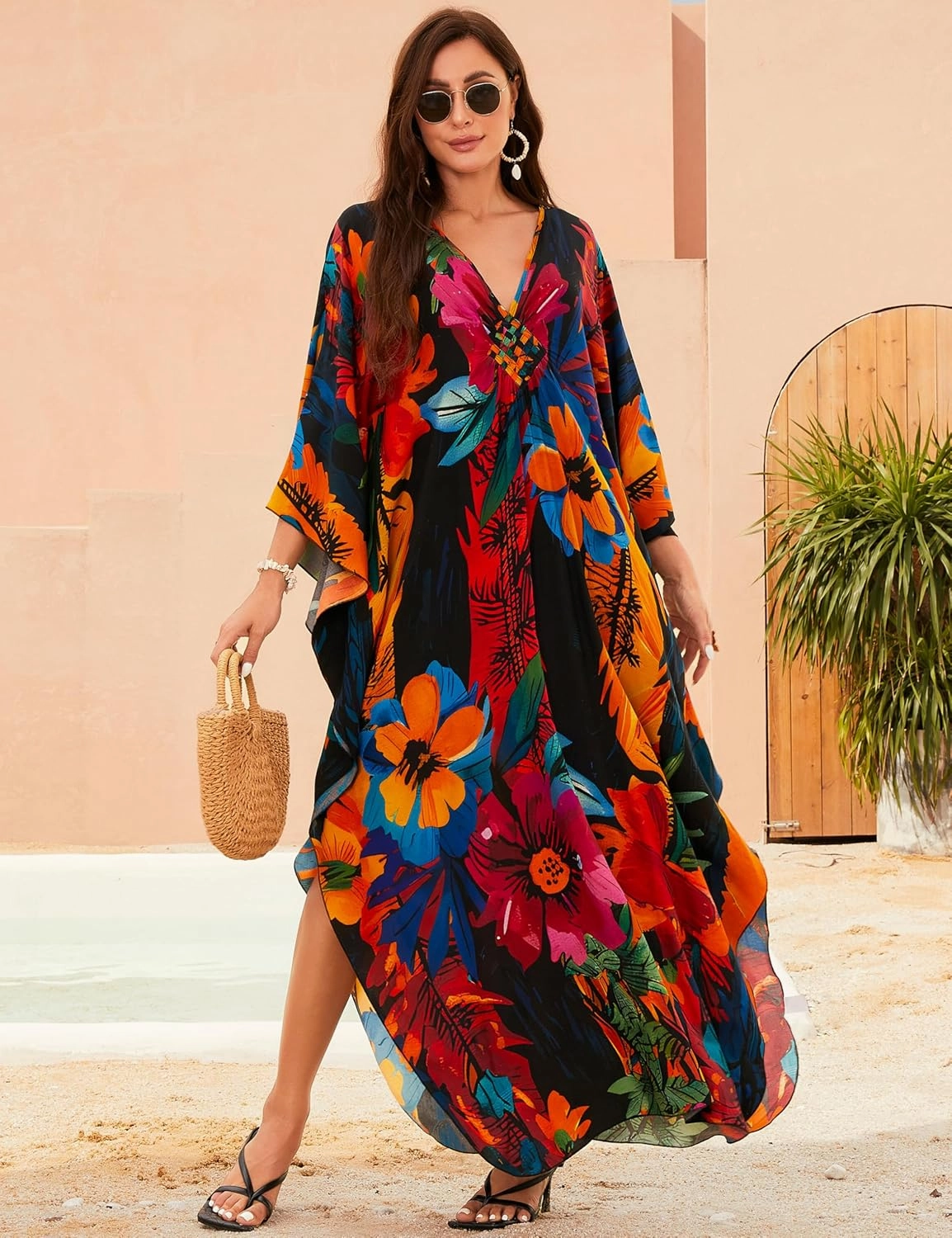 MAKABO Kaftan Dresses for Women, V Neck Moo Moos Colorful Print Cover Ups Caftan Beach Dresses for Swimwear