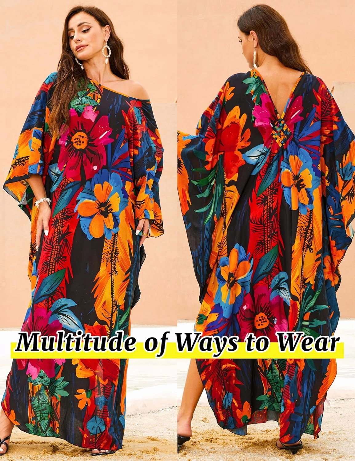 MAKABO Kaftan Dresses for Women, V Neck Moo Moos Colorful Print Cover Ups Caftan Beach Dresses for Swimwear