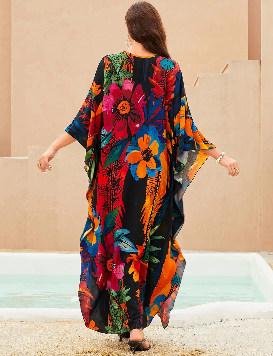MAKABO Kaftan Dresses for Women, V Neck Moo Moos Colorful Print Cover Ups Caftan Beach Dresses for Swimwear