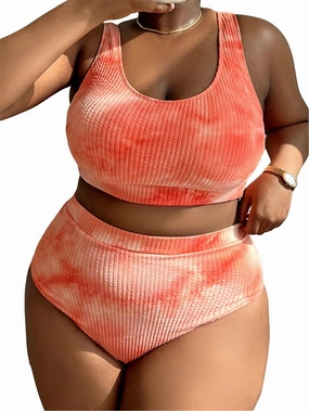 MakeMeChic Women's Plus Size 2 Piece Bathing Suits Tie Dye High Waisted Ribbed Bikini Swimsuits