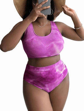 MakeMeChic Women's Plus Size 2 Piece Bathing Suits Tie Dye High Waisted Ribbed Bikini Swimsuits