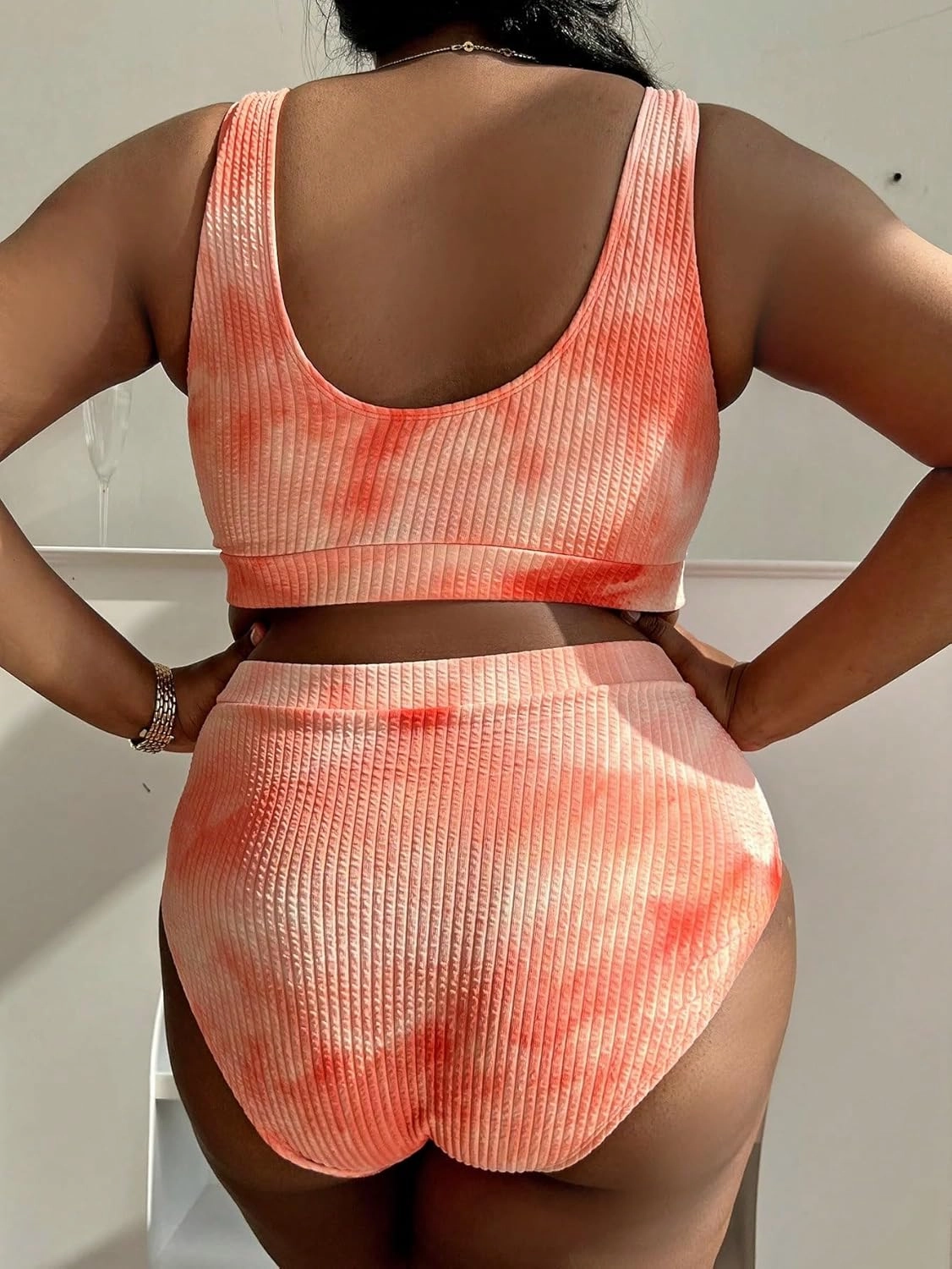 MakeMeChic Women's Plus Size 2 Piece Bathing Suits Tie Dye High Waisted Ribbed Bikini Swimsuits