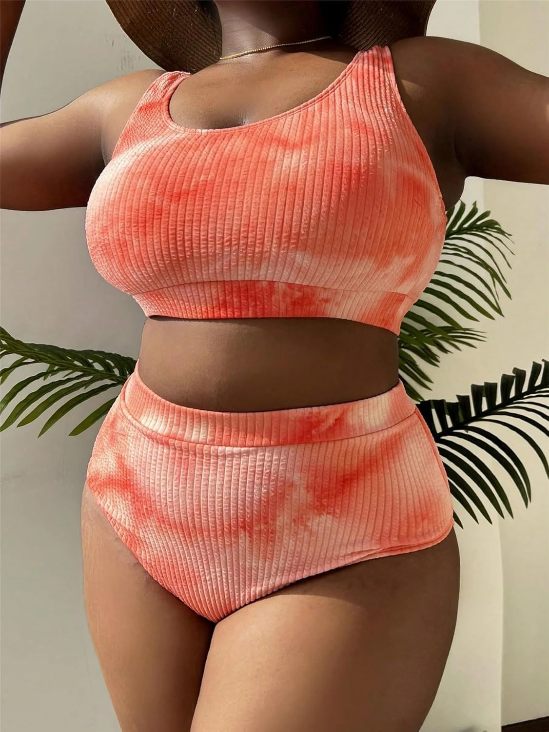MakeMeChic Women's Plus Size 2 Piece Bathing Suits Tie Dye High Waisted Ribbed Bikini Swimsuits
