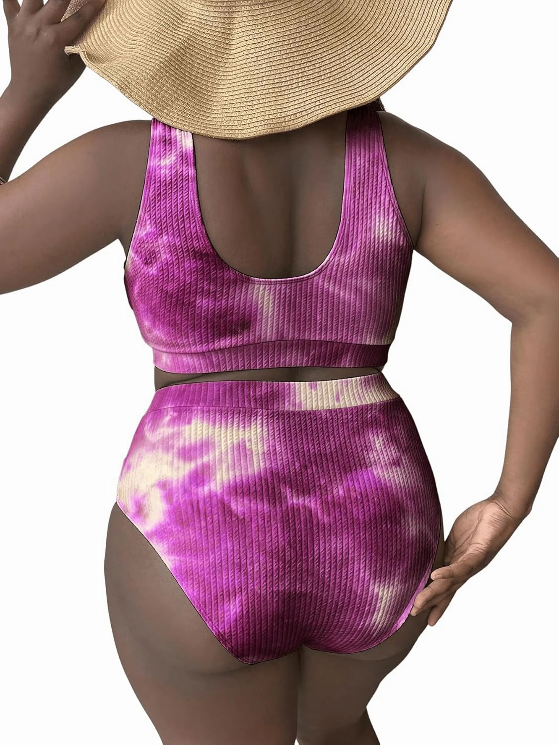 MakeMeChic Women's Plus Size 2 Piece Bathing Suits Tie Dye High Waisted Ribbed Bikini Swimsuits