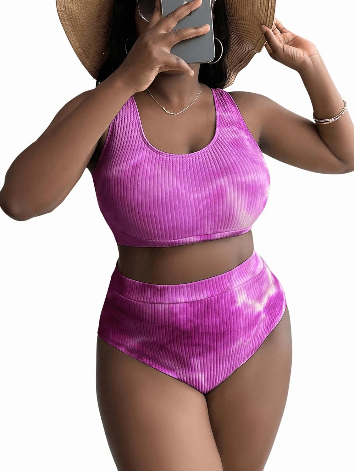MakeMeChic Women's Plus Size 2 Piece Bathing Suits Tie Dye High Waisted Ribbed Bikini Swimsuits