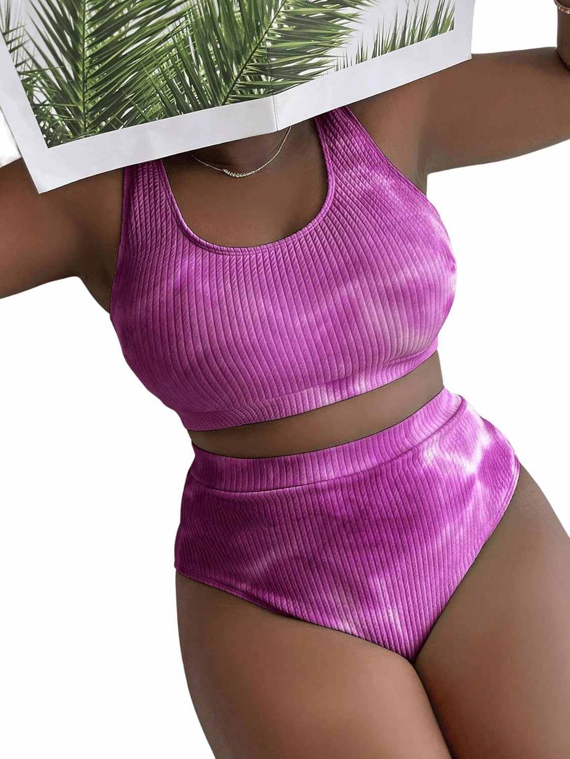 MakeMeChic Women's Plus Size 2 Piece Bathing Suits Tie Dye High Waisted Ribbed Bikini Swimsuits