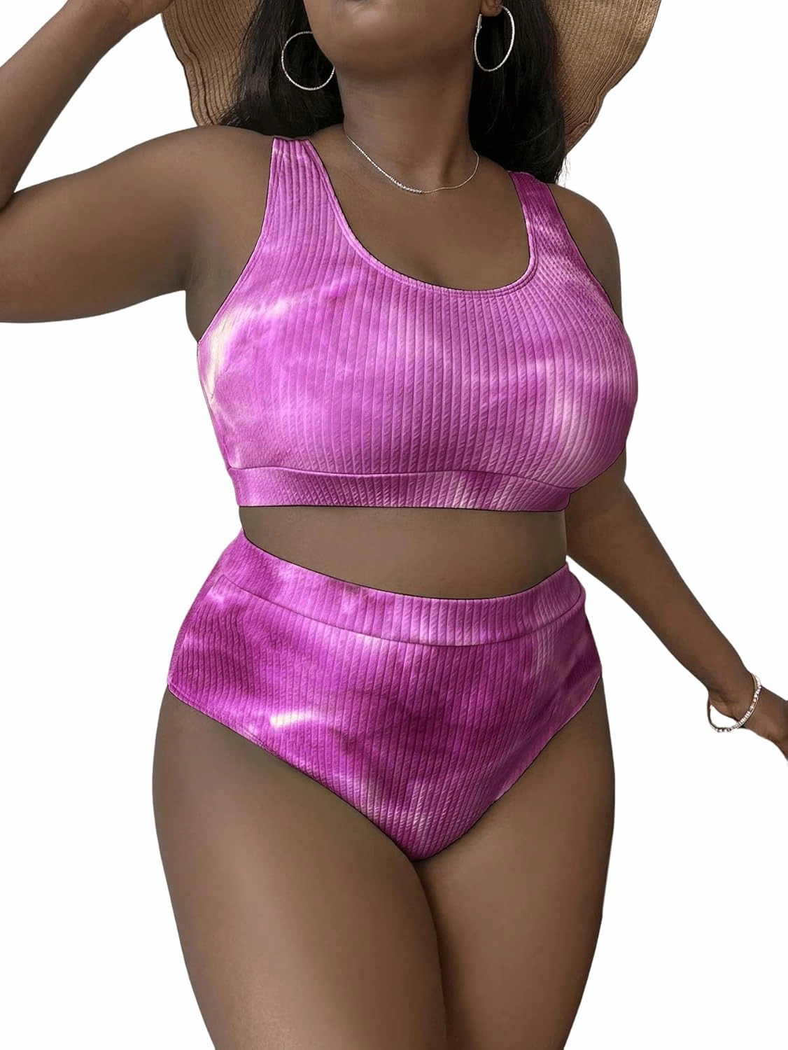 MakeMeChic Women's Plus Size 2 Piece Bathing Suits Tie Dye High Waisted Ribbed Bikini Swimsuits
