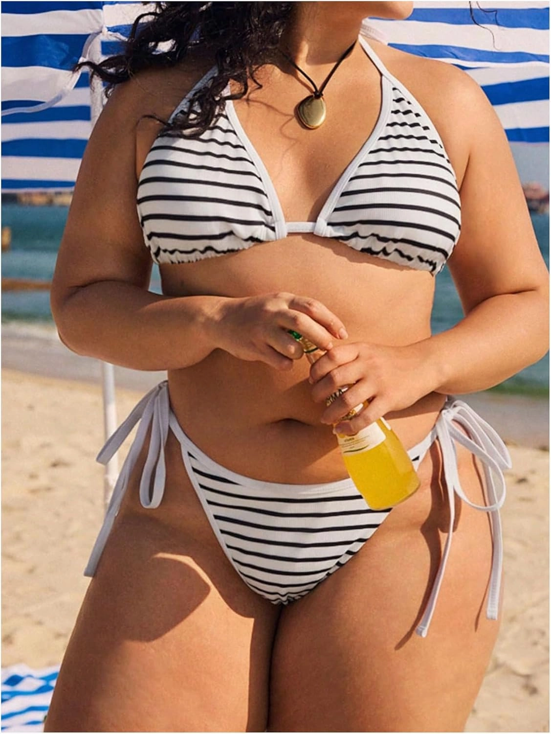 MakeMeChic Women's Plus Size 2 Piece Bikini Set Striped Halter Triangle Tie Side Bathing Suit