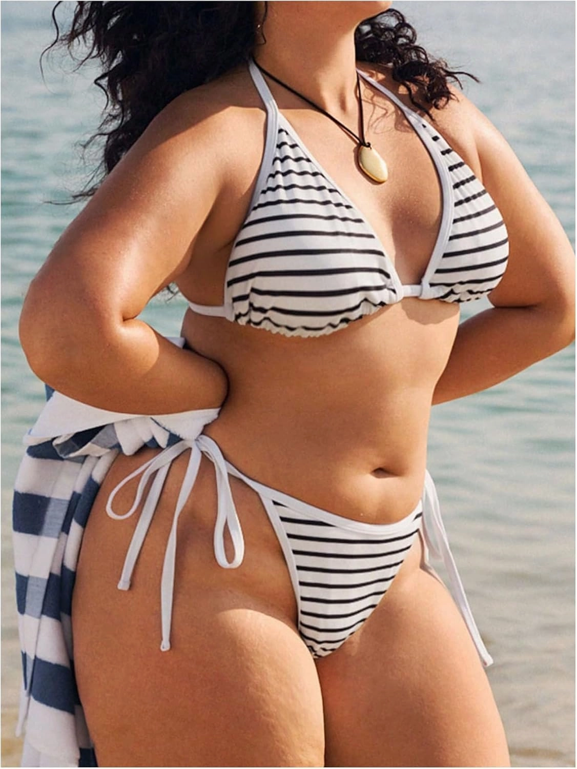 MakeMeChic Women's Plus Size 2 Piece Bikini Set Striped Halter Triangle Tie Side Bathing Suit