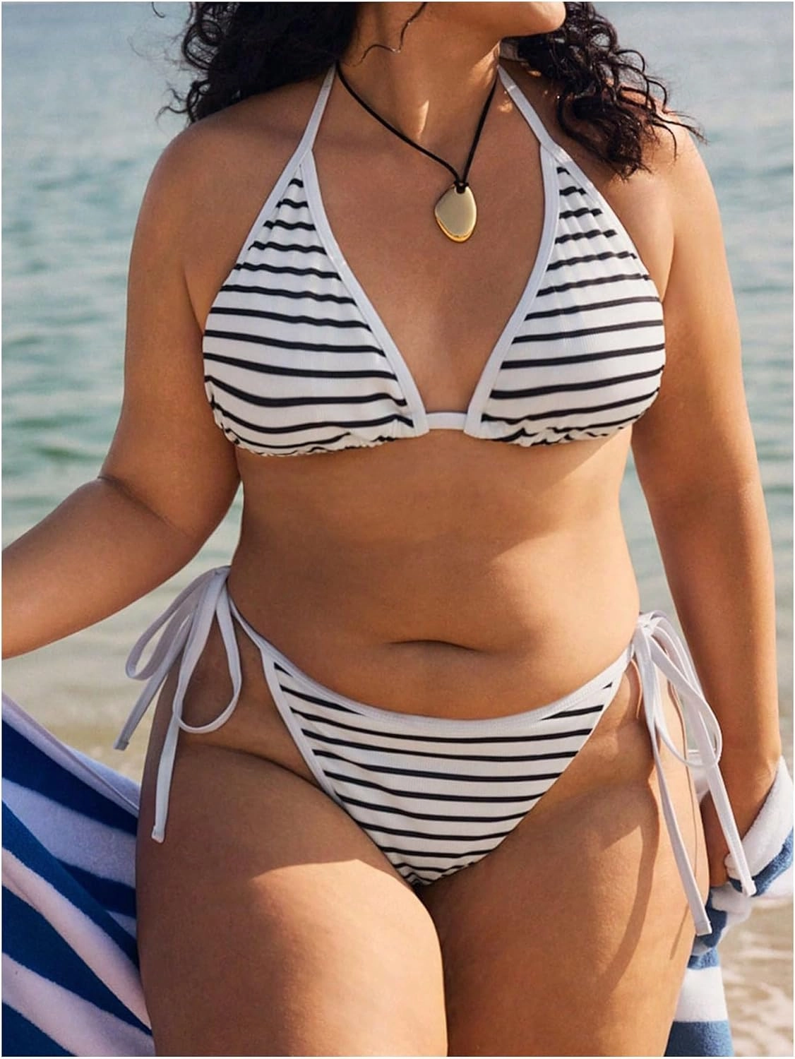 MakeMeChic Women's Plus Size 2 Piece Bikini Set Striped Halter Triangle Tie Side Bathing Suit