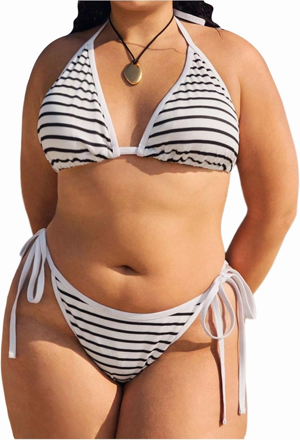 MakeMeChic Women's Plus Size 2 Piece Bikini Set Striped Halter Triangle Tie Side Bathing Suit