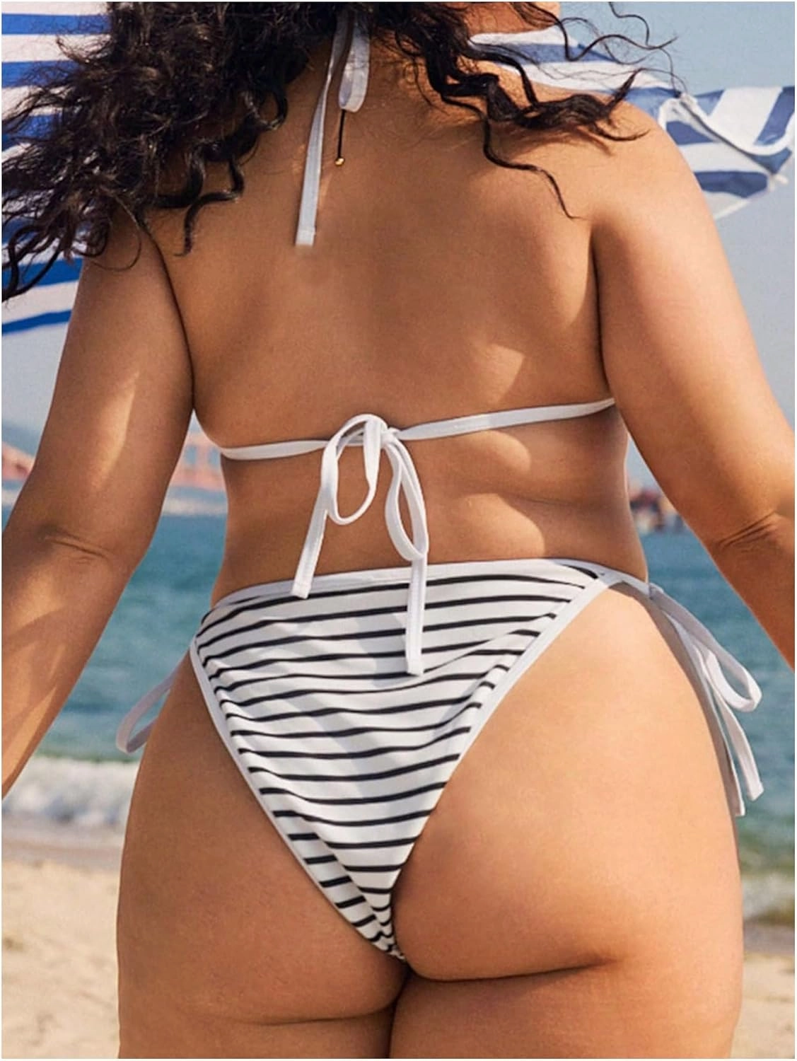 MakeMeChic Women's Plus Size 2 Piece Bikini Set Striped Halter Triangle Tie Side Bathing Suit
