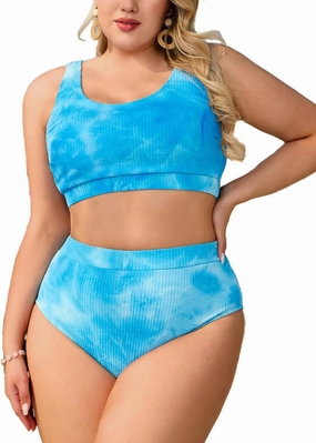 MakeMeChic Women's Plus Size 2 Piece Bikini Sets Textured Tie Dye High Waist Summer Swimsuit Bathing Suit