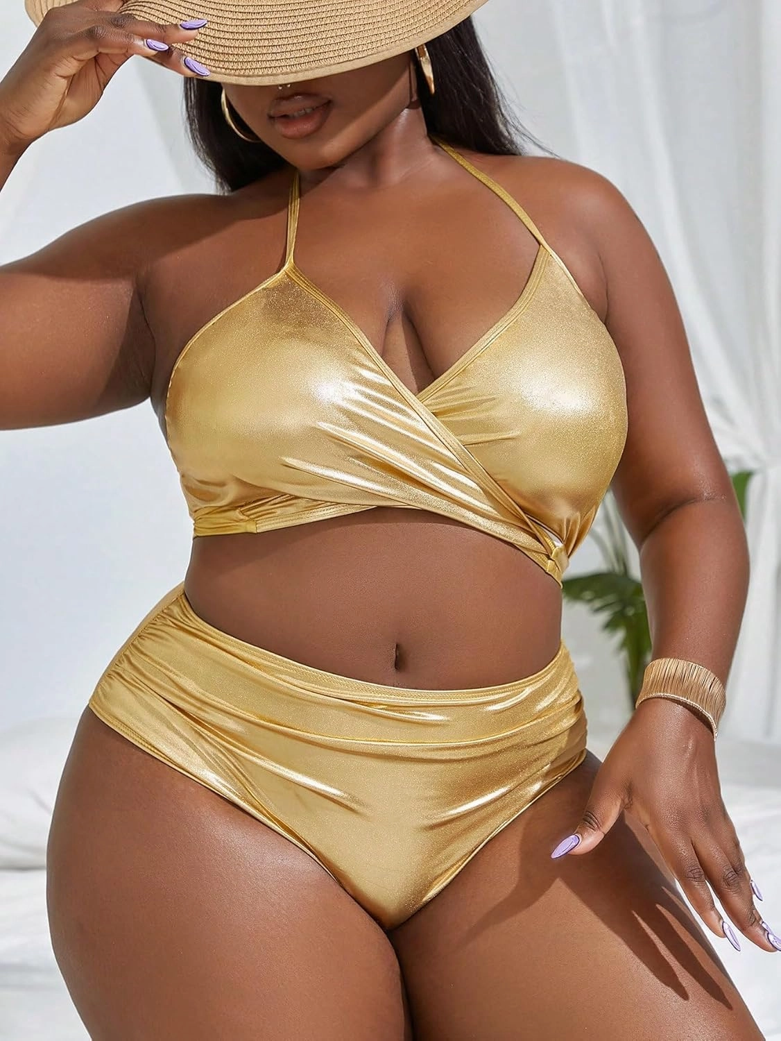 MakeMeChic Women's Plus Size 2 Piece Shiny Metallic Bikini Set Halter Triangle Swimsuit Bathing Suit
