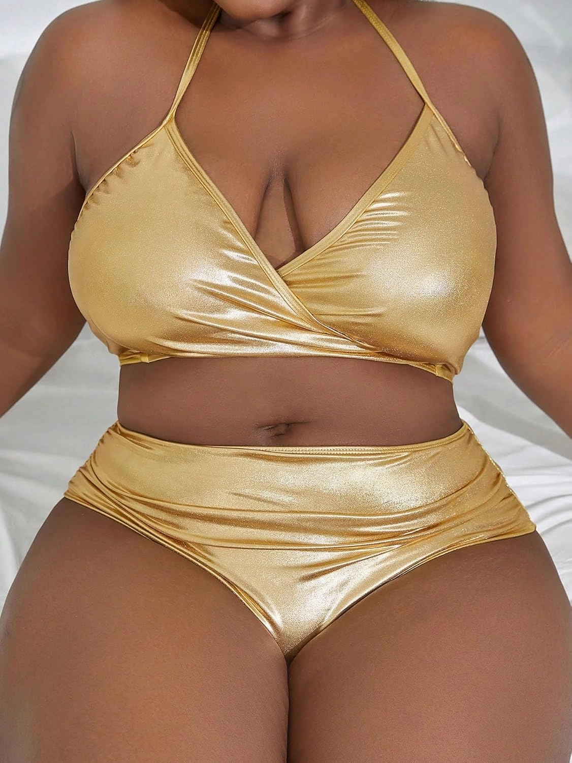 MakeMeChic Women's Plus Size 2 Piece Shiny Metallic Bikini Set Halter Triangle Swimsuit Bathing Suit