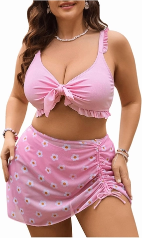MakeMeChic Women's Plus Size 3 Piece Bikini Set Tie Front Ruffle Rib Knit Bathing Suit with Floral Cover Up Skirt
