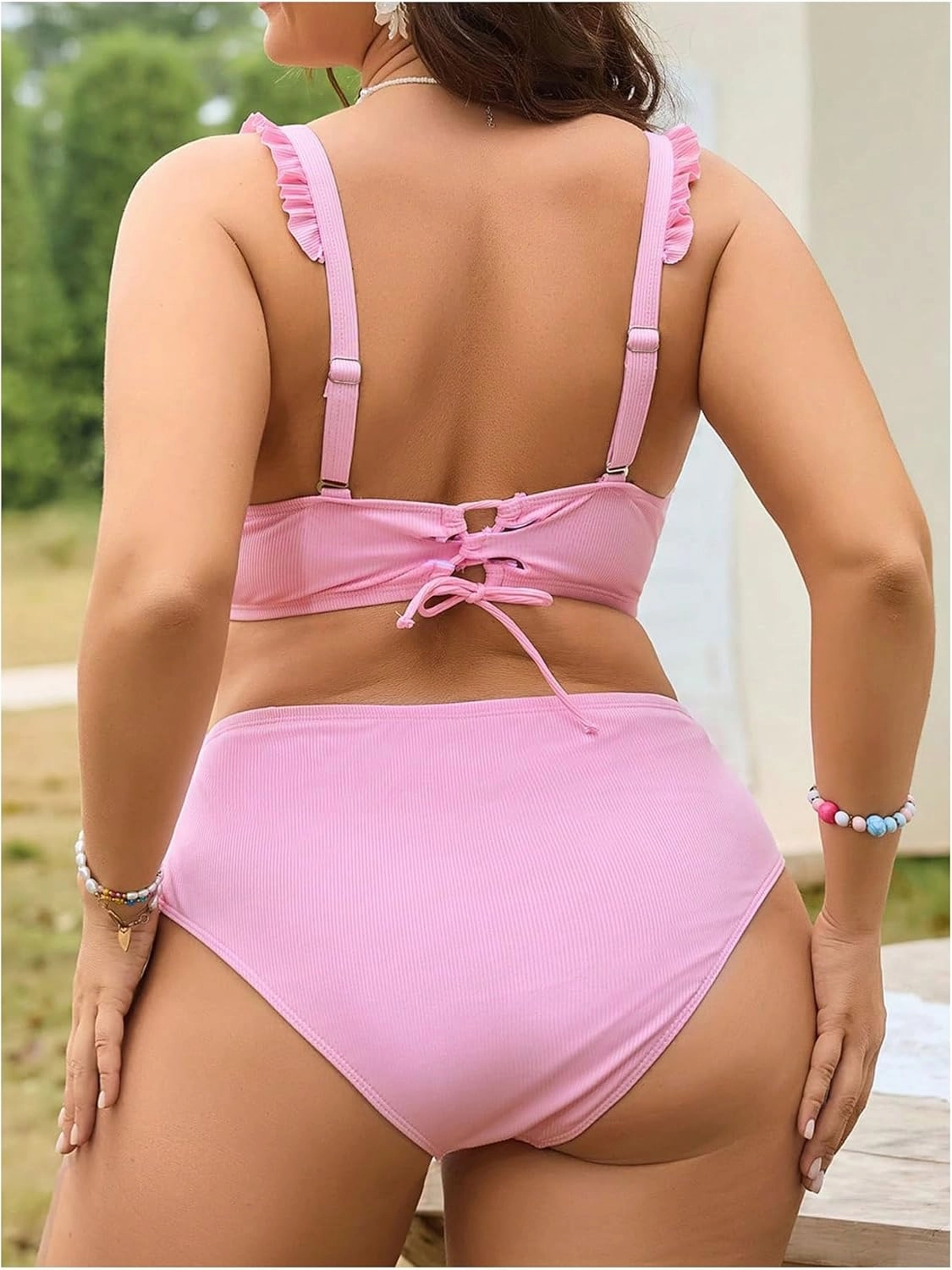 MakeMeChic Women's Plus Size 3 Piece Bikini Set Tie Front Ruffle Rib Knit Bathing Suit with Floral Cover Up Skirt