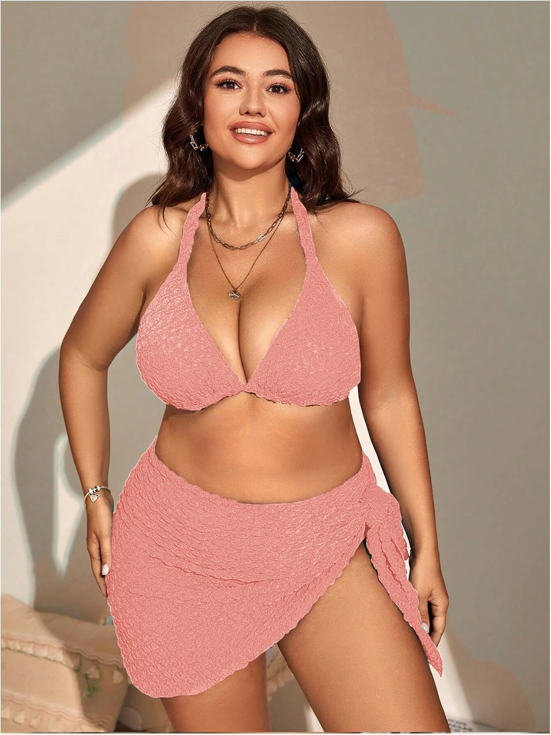 MakeMeChic Women's Plus Size 3 Piece Bikini Sets Tie Backless Halter Triangle Swimsuit Bathing Suit Cover Up Beach Skirts