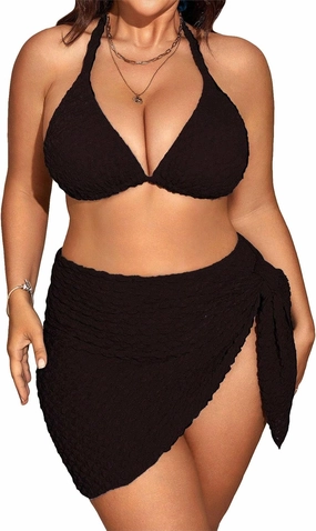 MakeMeChic Women's Plus Size 3 Piece Bikini Sets Tie Backless Halter Triangle Swimsuit Bathing Suit Cover Up Beach Skirts