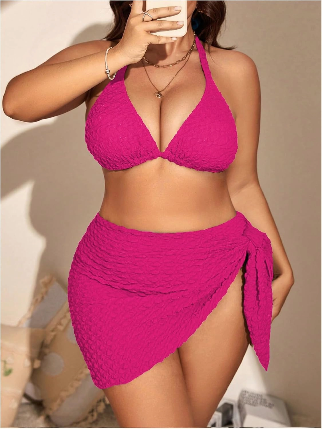 MakeMeChic Women's Plus Size 3 Piece Bikini Sets Tie Backless Halter Triangle Swimsuit Bathing Suit Cover Up Beach Skirts