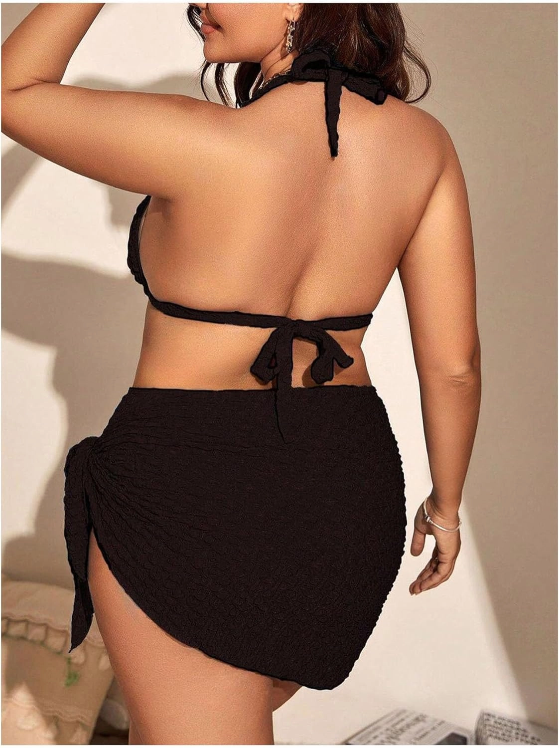 MakeMeChic Women's Plus Size 3 Piece Bikini Sets Tie Backless Halter Triangle Swimsuit Bathing Suit Cover Up Beach Skirts